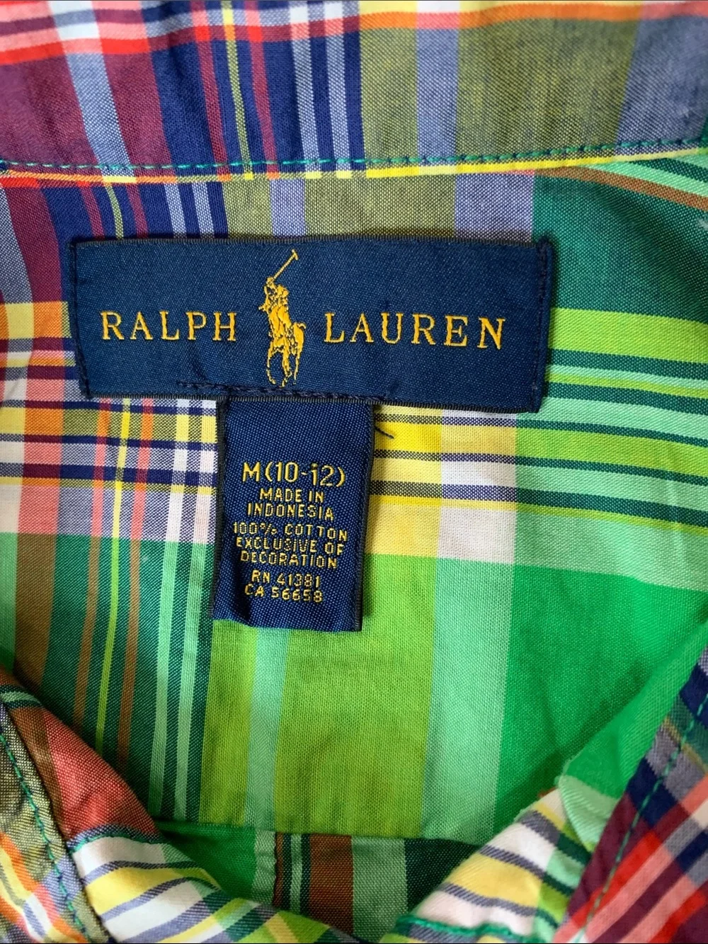 Ralph Lauren Bright Green Multicolor Plaid Button-Down Shirt Size Medium (10-12)